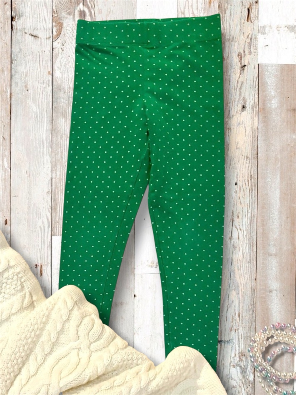 Mini Boden Girls Green Polka Dot Leggings • Size 5–6 (116 cm) • Excellent